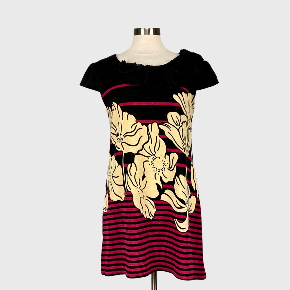 ModCloth Yumi Womens Cap Sleeve Shift Dress Floral Stripe Red Black size M L
